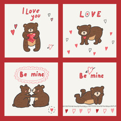 Teddy bear Valentine's day love vector illustrations postcards set.