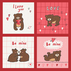 Teddy bear Valentine's day love vector illustrations postcards set.