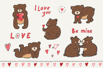 Teddy bear Valentine's day love vector illustrations set.