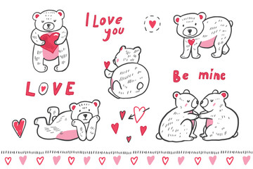 Teddy bear Valentine's day love vector line illustrations set.