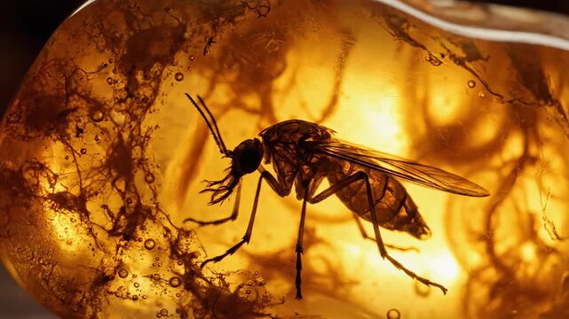 A close up view of an insect fossil in amber