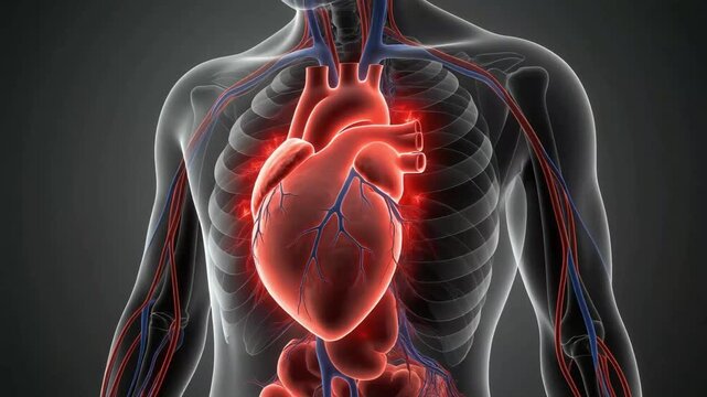 A realistic anatomical of the heart showing reduced blood flow during a heart attack. The heartbeat becomes irregular, while arteries show restricted circulation.