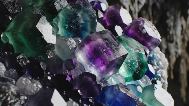 A cluster of colorful fluorite crystals in close up detail