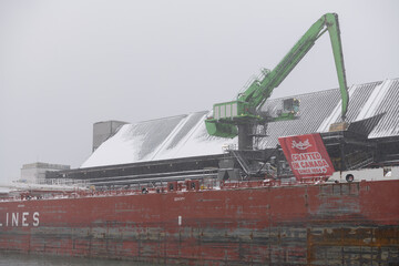 Naklejka premium CSL Welland (self-unloading bulk carrier) with sugar cargo docked at Redpath Sugar Refinery located at, 95 Queens Quay E, during a snow storm on 2026-01-15 in Toronto