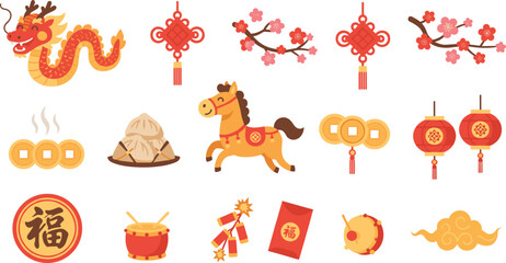 Fototapeta premium Traditional Chinese New Year Illustration Set Featuring Dragon, Lanterns, Knots, Plum Blossoms, Lucky Coins, Red Envelopes, Drums, and Festive Symbols