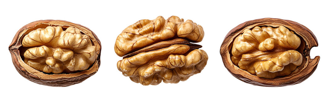 Three whole walnuts arranged horizontally