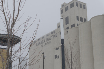 Naklejka premium west facing elevation of Canada Malting Co building during a snow storm on 2026-01-15 in Toronto