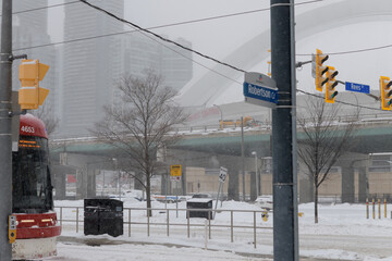 Obraz premium looking north to Rogers Centre stadium from Queens Quay W at Robertson Cr and Rees St, during a snow storm on 2026-01-15 in Toronto