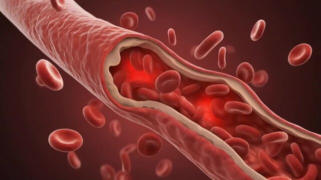 Close-up medical animation of a coronary artery gradually narrowing due to plaque buildup. Red blood cells flow smoothly at first, then slow as the blockage increases.