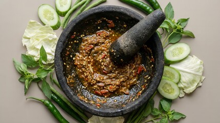 Mortar and Pestle Filled With Spicy Sambal Surrounded by Fresh Ingredients