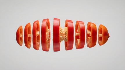 Slices of a vibrant red bell pepper arranged in a linear fashion against a stark white background
