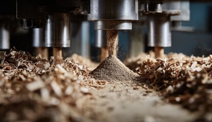Precision CNC Router Bit Carving Wood, Accumulating Fine Sawdust Cone Amidst Shavings, Industrial Detail.