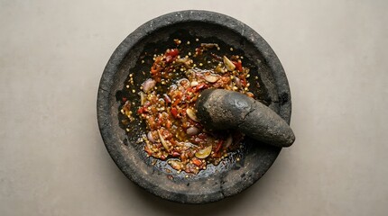 Crushing fresh chili and shallots in a traditional stone mortar with a pestle for a spicy homemade sauce