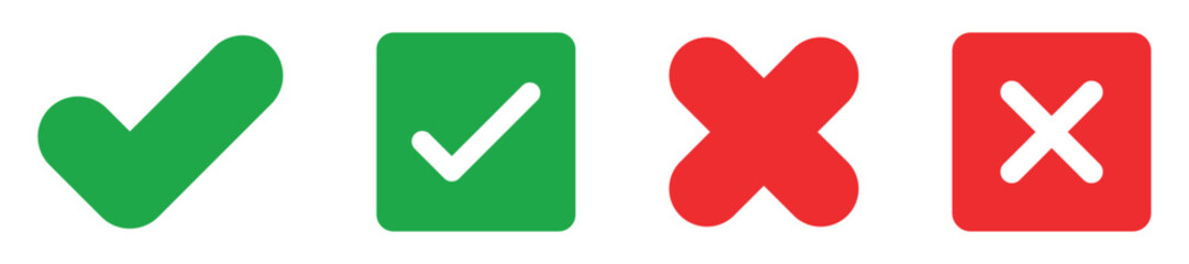 Sharp green checkmark and red cross on isolated white background vector symbol for right and wrong choices. Modern flat design, Checkmark icon set. Checkmark right symbol tick sign
