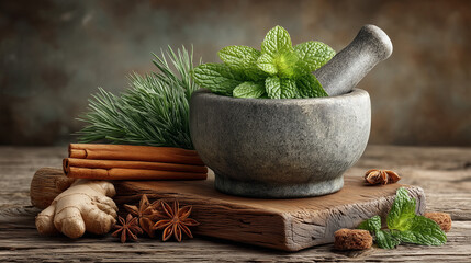 A rustic still life featuring a stone mortar and pestle topped with mint leaves, alongside cinnamon sticks, star anise, ginger, and turmeric powder. Fresh, aromatic ingredients ready for cooking