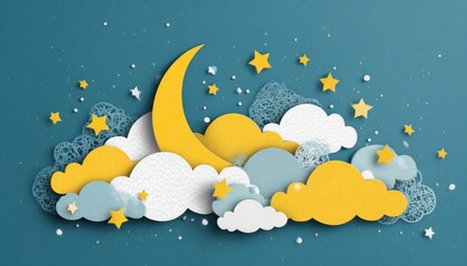 Fototapeta premium Playful moon and stars against a light blue sky pastel background, creating a serene and whimsical night scene.