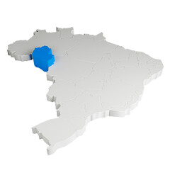 Mapa do Brasil em 3D com estado de Rond&ocirc;nia destacado