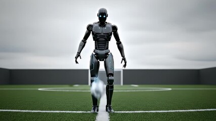 Futuristic Robot Soccer Player Dribbling Ball on Green Field with Cloudy Sky. - Powered by Adobe