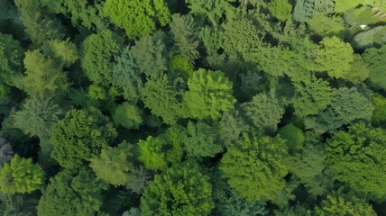 Aerial view of lush green forest with diverse tree species and vibrant foliage