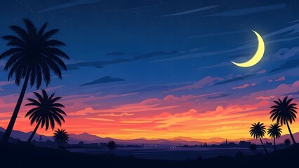 Ramadan night sky crescent moon silhouette palm trees sunset