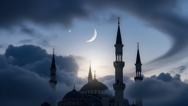 Dramatic night sky with crescent moon over mosque silhouette