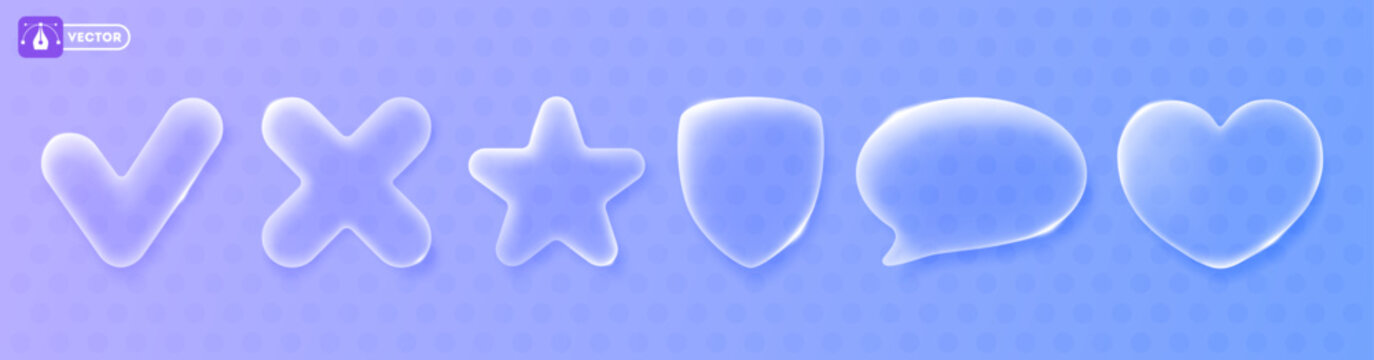 Glass morphism concept. 3D liquid glass design elements, tick, cross, star, shield, speech bubble and heart. Buttons are made of matte translucent glass with sparkling edges. Vector illustration