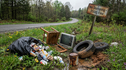 Illegal roadside garbage pile. Littered roadside with trash bags, furniture, and a "No Dumping" sign  