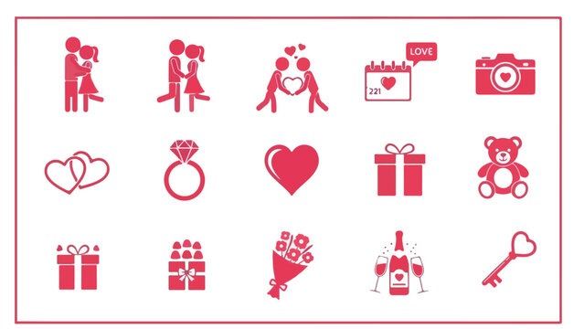 Flat lay of various Valentine's Day icons and gifts on a white background with red graphics.