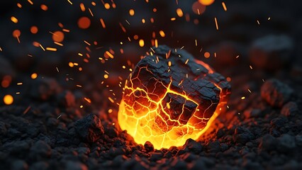 Close-up of a glowing hot coal ember with sparks flying in a dark, rocky environment