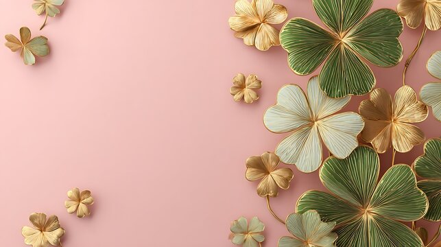 Golden and green clover leaves on a soft pink background elegant design