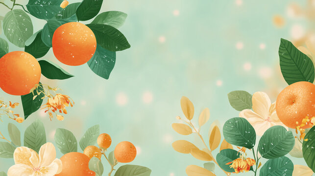 Watercolor citrus floral frame with oranges and green leaves on soft pastel background, elegant botanical border with copy space for invitations, packaging, banners and branding