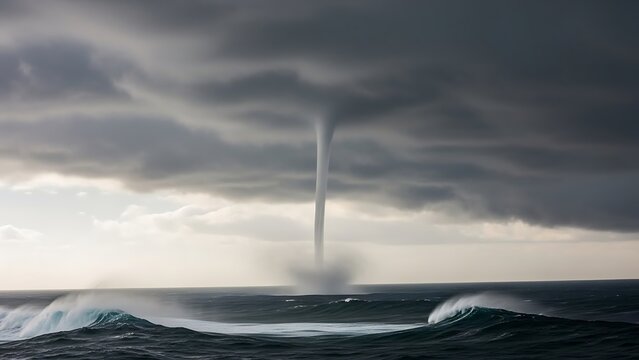 Tornado forming over turbulent ocean waters on a stormy day from a low vantage point