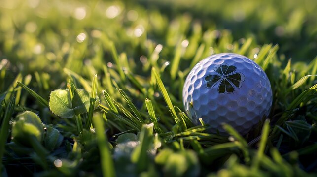 A golf ball rests amongst lush green grass with a lucky clover nearby