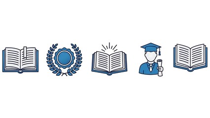 Collection of education and graduation icons including open books, laurel wreath, academic cap, and diploma scroll on a white background, symbolizing learning and achievement