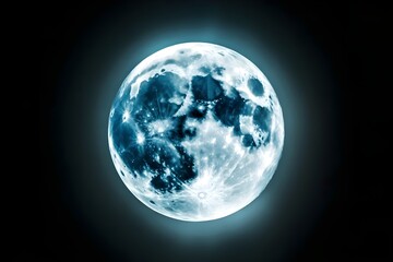 Glowing full moon in dark space with bright blue lunar surface