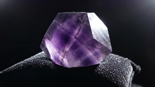 A faceted fluorite gemstone with vibrant purple hues and shining light