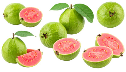 Red Guava Fruit with Leaves, Collection for Package and Food Catalog Isolated on Transparent Background