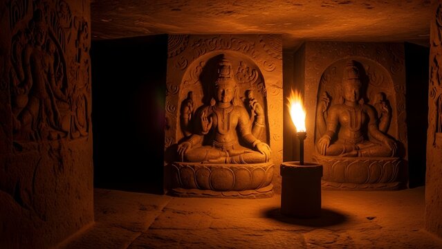 Ancient rock cut cave temple interior with stone carved figures illuminated by warm torch fire light