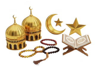 Golden islamic symbols and holy book isolated on transparent background