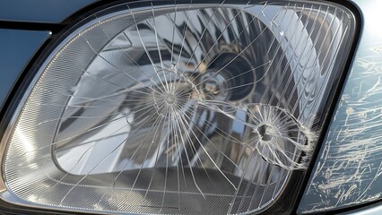 Obraz premium Closeup of a broken car headlight with cracks and damage