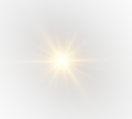 Obraz premium Golden sparkle ray and starlight flare as a bright overlay. Glowing lens glare with glittering shine and magic energy.