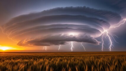 A dramatic storm cloud with lightning illuminates the sky over a vast field at dusk with a dramatic viewpoint