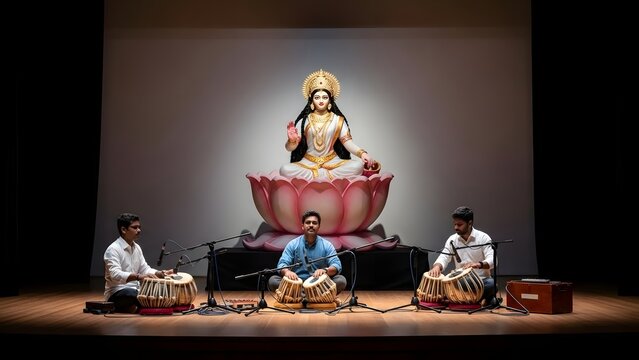 Musicians performing indian classical music tabla drums with hindu murti background stage concert