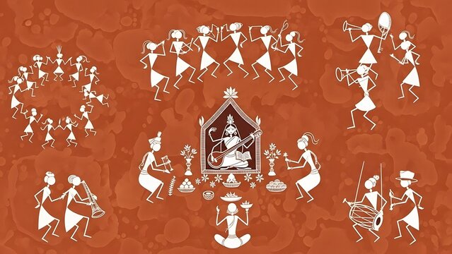 Indian traditional warli painting of goddess saraswati with musicians and dancers on an orange background