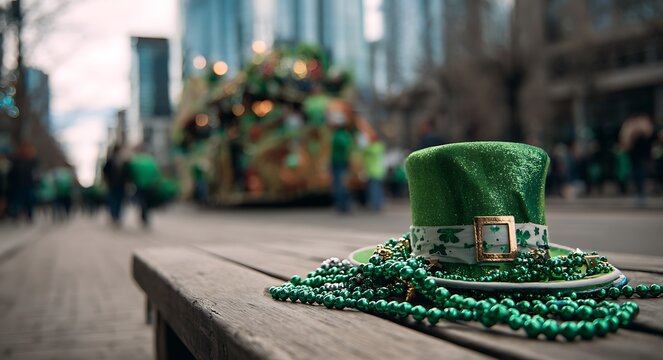 St patrick s day celebration with a festive hat and blurred parade float