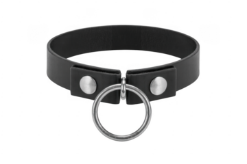 Black leather choker with metal ring isolated on a transparent background