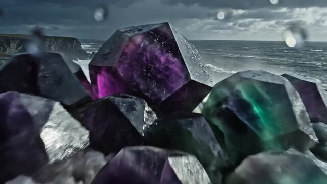 A fluorite crystal cluster on a cliff overlooking ocean waves