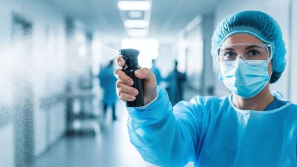 Medical professional in full ppe sprays disinfectant, ensuring sterility and hygiene in a hospital.