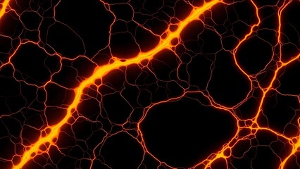 Seamless texture of glowing hot lava cracks on black cooled magma surface, abstract background pattern of molten rock lines, high temperature energy flow