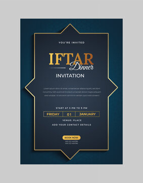 Ramadan Kareem iftar denner invitation to Iftar party celebration. Lantern for Ramadan wishing. Arabic shining lamps. Card for Muslim feast of the holy of Ramadan month
